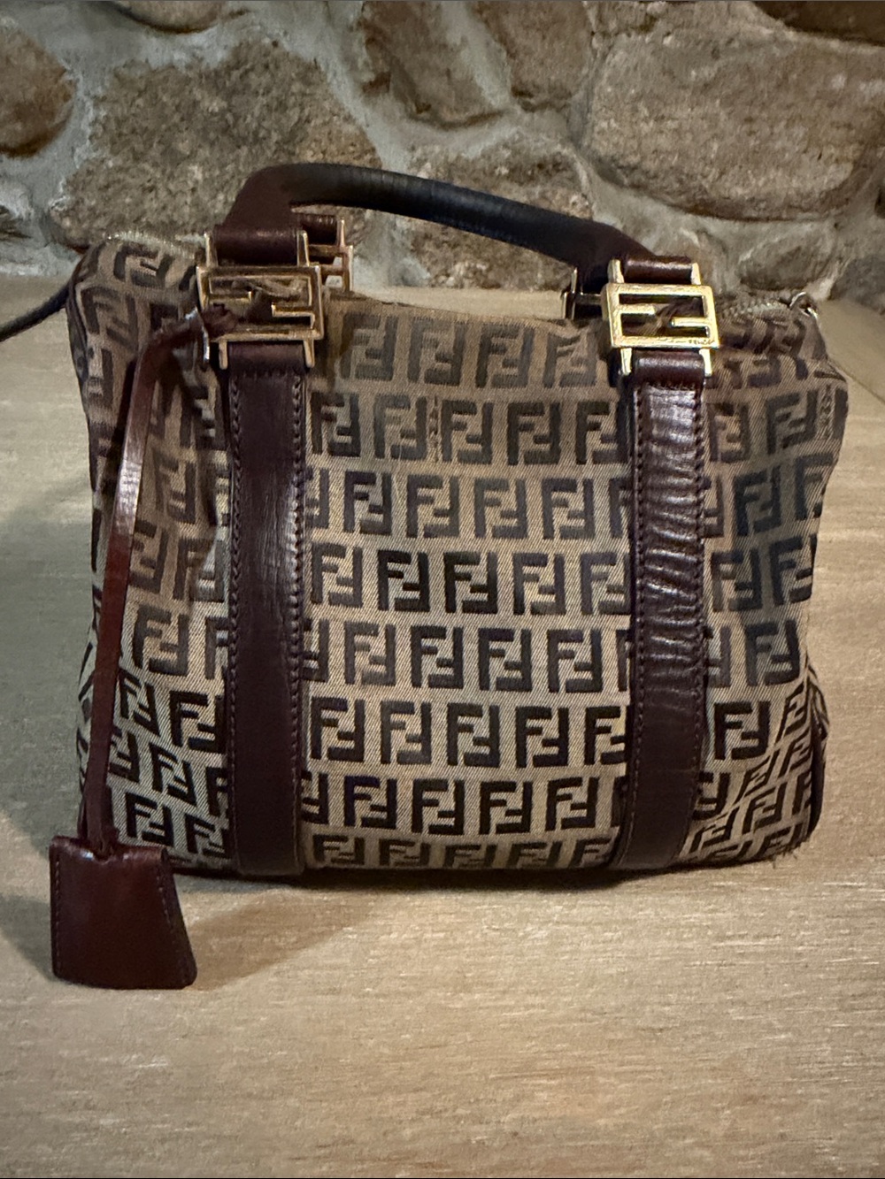 Fendi Brown Zucca Logo Canvas Satchel with Dark Brown Leather Trim